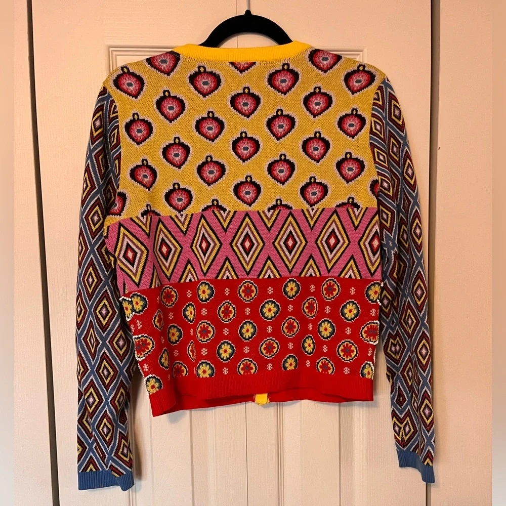 Alice + Olivia Yellow Trim Multicolor Embroidered Knit Cardigan - Picture 6 of 8
